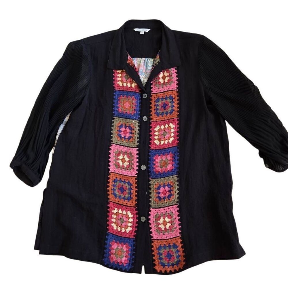 John Mark Womens Front Crochet Detail Button Long Sleeve Tunic Blouse Size PM